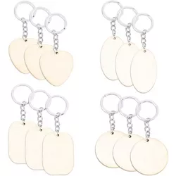 Bright Creations 12 Pack Unfinished Wooden Keychain Blanks with Key Rings for DIY Arts & Crafts, Round, Oval, Heart & Rectangle Shapes