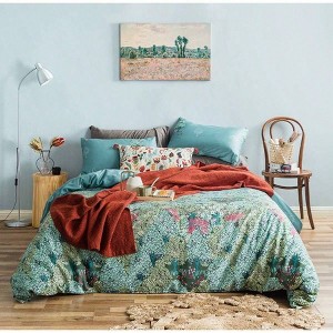 Botanical Duvet Cover Queen 100 Egyptian Cotton Green Leaves Set 3 Pcs with Zipper Ties - 1 of 4