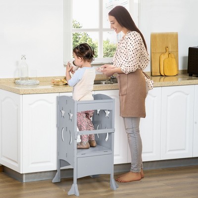36.50"Qaba Wooden Kitchen Step Stool for Kids, Foldable Toddler Tower, Helper Stool for Kitchen Counter with Support Handles Safety Rail, Gray