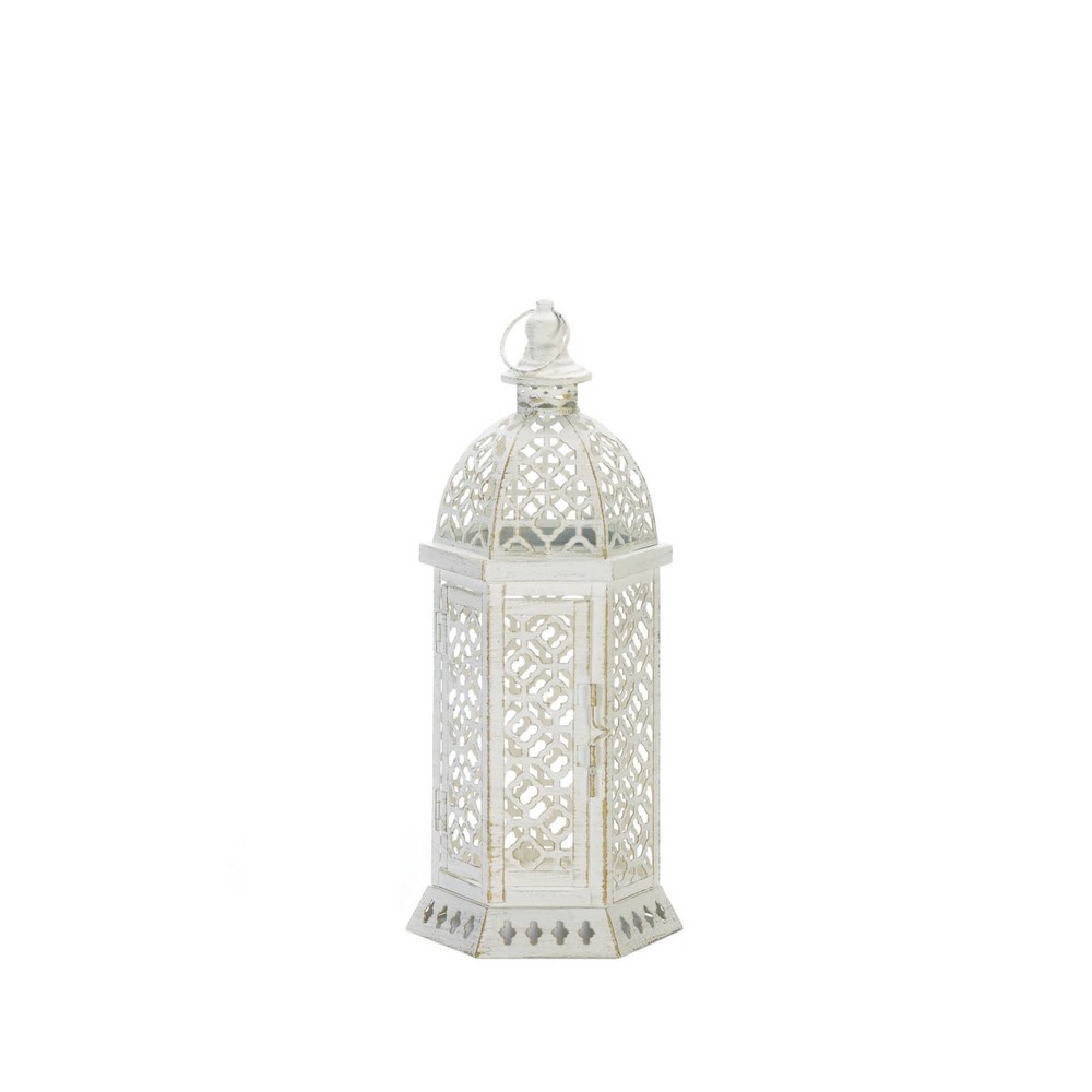 15.5" Iron Cutwork Hexagon Outdoor Lantern Off-White - Zingz & Thingz: Elegant Tabletop Candle Spike Holder