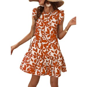 Coolmee Women Summer Mini Dress Ruffle Cap Sleeve Floral Print Crewneck Babydoll Short Sundress S Orange print - 1 of 4