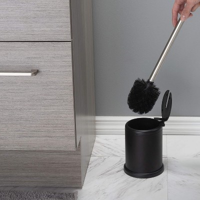 Compact Black and Stainless Steel Toilet Brush Set with Folding Lid