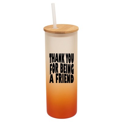 Elanze Designs Thank You For Being A Friend Wrap-Around Design 25 Ounce Frosted Gradient Glass On-The-Go Coffee Travel Skinny Tumbler Mug Cup, Bamboo