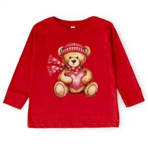 Valentine Teddy Bear Beanie - Toddler Long Sleeve Graphic Tee - 1 of 4