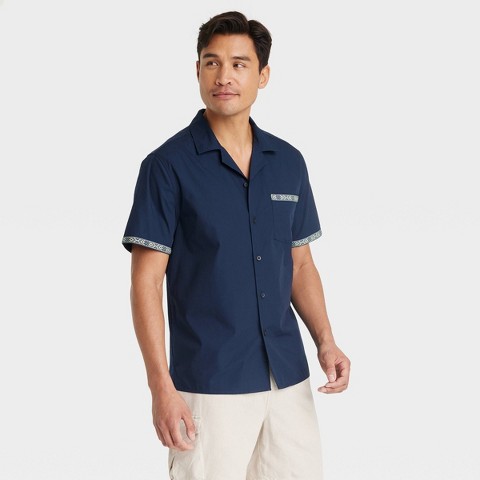Мужские рубашки Goodfellow & Co Men's Short Sleeve Trim Button-Down Shirt - Goodfellow & Co™ Navy Blue L: Cotton Poplin