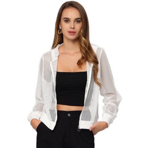 Женские худи INSPIRE CHIC Women's Zip Up Long Sleeve Mesh Sheer Bomber Jackets Large White