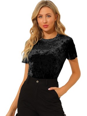 INSPIRE CHIC Women's Velvet Crew Neck Short Sleeve Casual Blouse