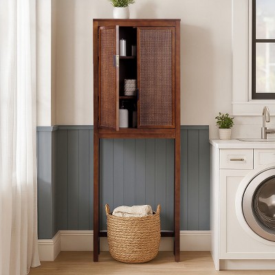 Hatteras Modern Boho Over Toilet Storage Cabinet with Solid Wood & Natural Rattan Accents-Teamson Home