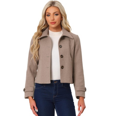Allegra K Women's Turn Down Collar Long Sleeve Single Breasted Winter Pea Coat X-Large Dark Beige