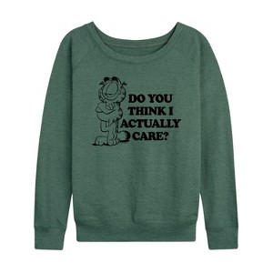 Women's - Garfield - Do You Think I Actually Care Lightweight French Terry Wide Neck Long Sleeve Shirt - 1 of 4