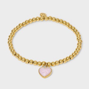 Tiny Tags 14K Gold Ion Plated with Pink Swirl Enamel "Girl Mama" Beaded Stretch Bracelet - Gold/Pink - 1 of 4