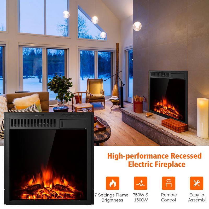 Costway 22.5'' Electric Fireplace Insert Freestanding & Recessed Heater Log Flame Remote, 5 of 10