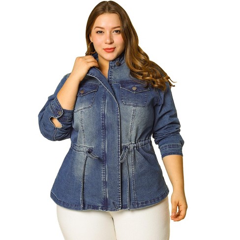 Unique Bargains Agnes Orinda Women's Plus Size Layered Drawstring Hood Women  Denim Utility Jacket W Pockets