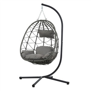 ELJGET Patio Hanging Egg Chair with Stand and Soft Cushion, Dark Gray - 1 of 4