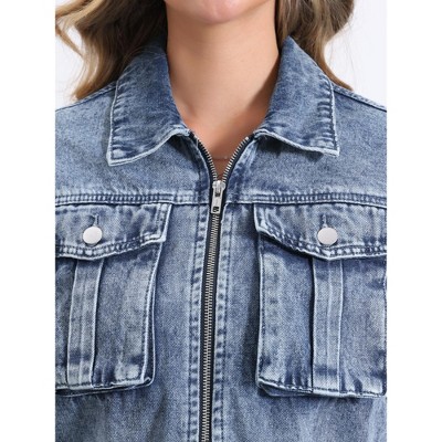 INSPIRE CHIC Women's Zip Up Long Sleeves Pockets Crop Denim Jacket Medium Washed Blue — фото 5