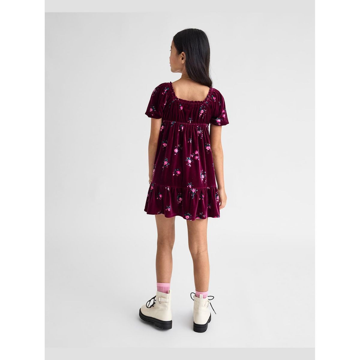 The Children's Place Girls Three Quarter Sleeve Floral Velour Babydoll Dress - thumbnail 3