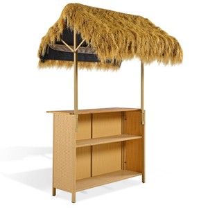 Nestfair 3pc Hawaiian-style Bar Height Patio Set with PE Grass Canopy for Dining and Drinking Natural - 1 of 4