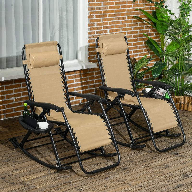 Outsunny 2 Outdoor Rocking Chairs Foldable Reclining Zero Gravity Lounge Rockers w/ Pillow Cup & Phone Holder, Combo Design w/ Folding Legs, Beige, 3 of 7