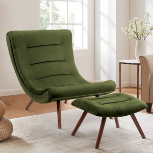 Jupiter 33.5" High Back Wide Upholstered Performance Velvet Lounge Chair Chaise and Ottoman Foot Rest Set-Maison Boucle - 1 of 4