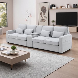 114.2" Linen Sectional Sofa with Console, Cup Holders & Charging - 1 of 4