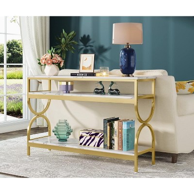 White and Gold Faux Marble 55" Console Table with Storage Shelves