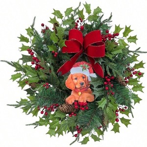24 Inch Lighted Wreath Dog Sign with Timer Cedar Branches Pine Needles Holly Leaves Red Berries Bow Holiday Decor Door - 1 of 4