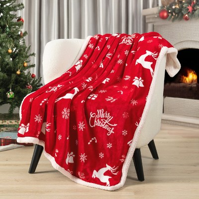 Red Reindeer Christmas Fleece Sherpa Reversible Throw Blanket