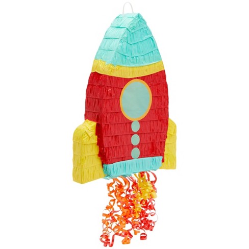 Blue Panda Rocket Ship Pull String Pinata For Kids Outer Space