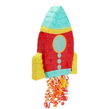 Blue Panda Rocket Ship Pull String Pinata for Kids Outer Space Party, Astronaut Birthday Decorations, 16.5 x 12.5 x 3 in