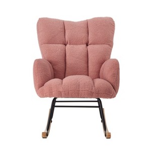 Gulches Pink Teddy High Back Tufted Metal Frame Glider Chair Set of 1 Wide Seat Rubber Wood Base Living Room Bedroom Accent Chair - 1 of 4