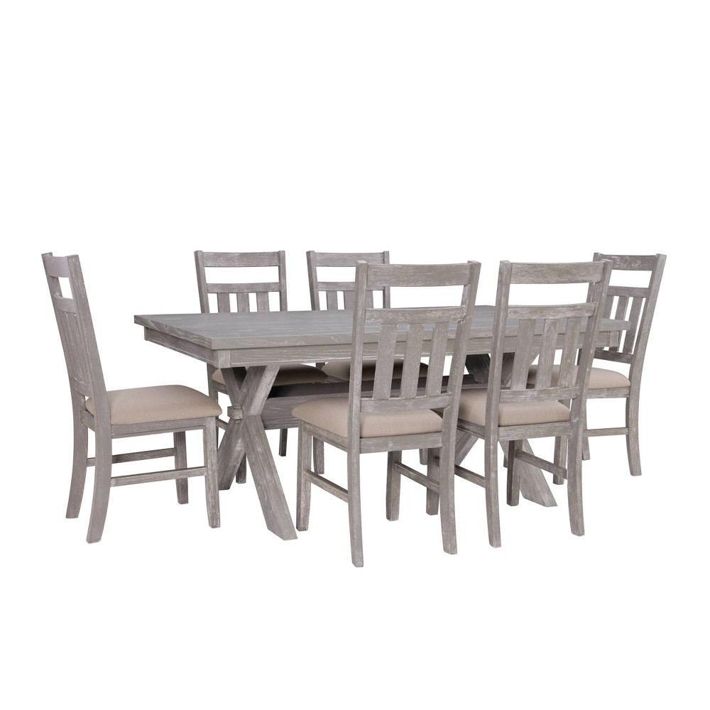 Photos - Dining Table 7pc Landon Slat Back Chairs & Large Table Dining Set Gray - Powell: Rubberwood & Ash Veneer