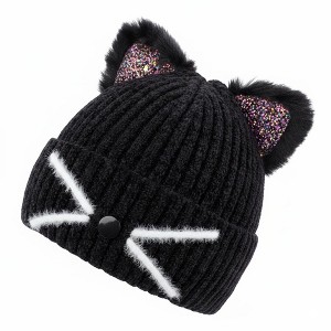FAAYFIAN Sequin Cat Ear Knitted Beanie Hat for Kids Age 7-12 Winter Knit Skull Cap Winter Hat Outdoor Ear Warmer - 1 of 4