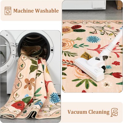 Beige and Red Floral Synthetic Square Area Rug, 8' x 10'