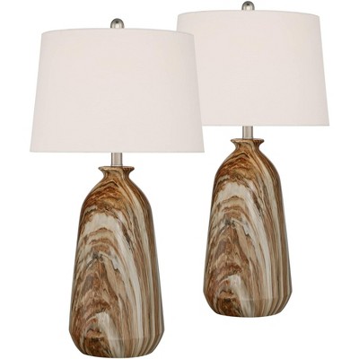 360 Lighting Modern Rustic Table Lamps Set of 2 Swirling Brown Faux Marble White Tapered Drum Living Room Bedroom House Bedside