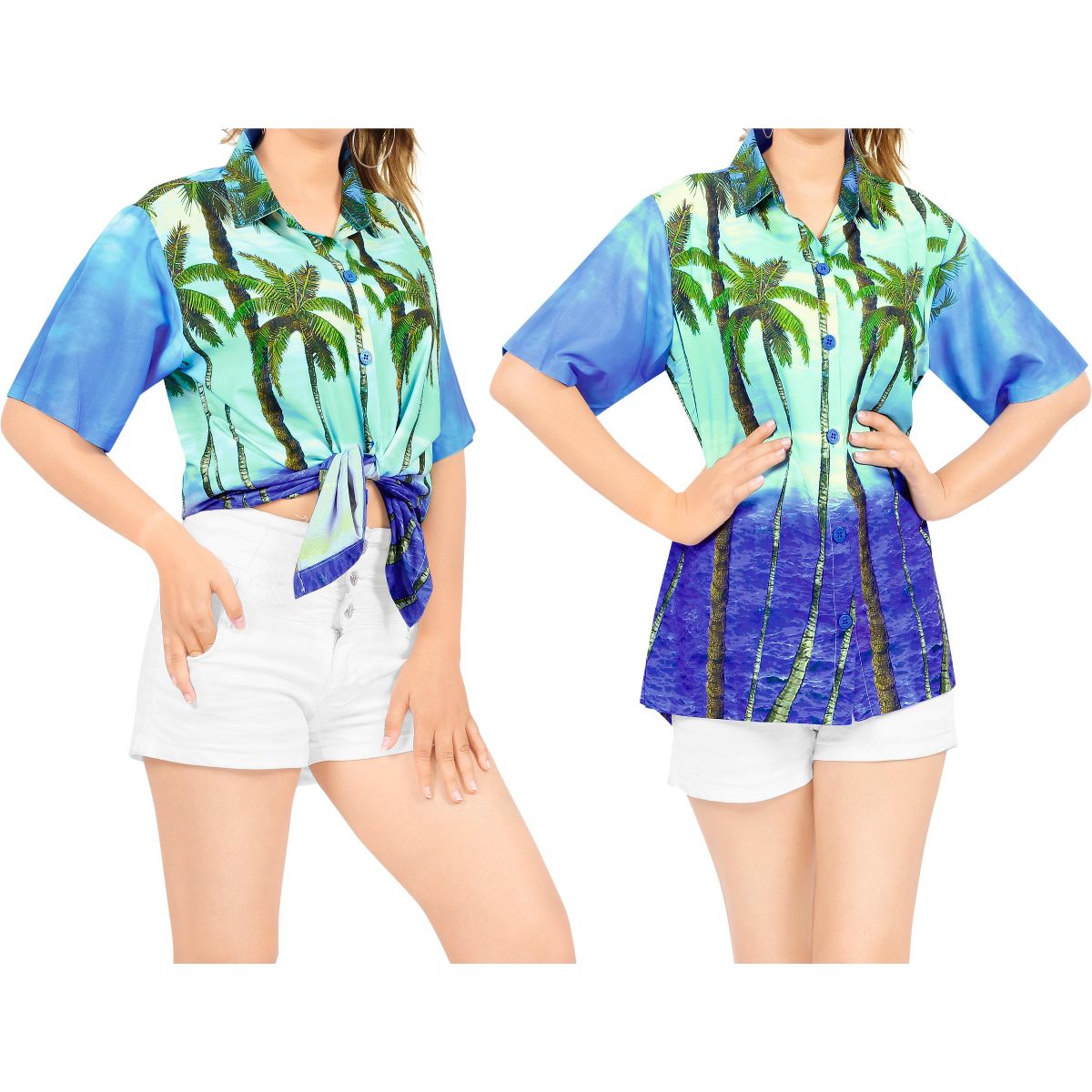 HAPPY BAY Hawaiian Shirts Womens Casual Summer Beach Party TShirts Button Up Short Sleeve Vacation Dress Shirts Colorful Blouses for Women L Blue,Tree - thumbnail 3