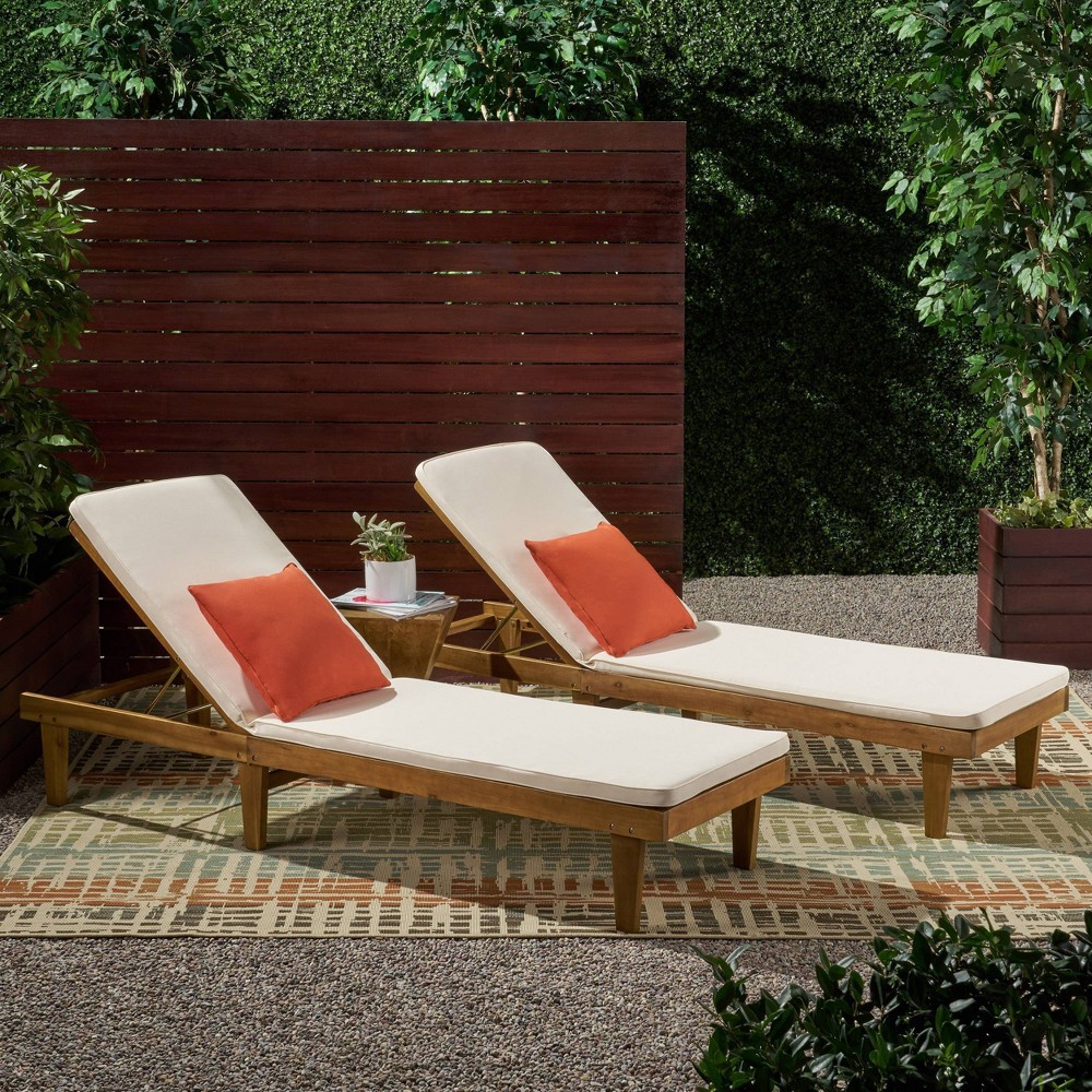 Photos - Garden Furniture Nadine 2pk Acacia Wood Chaise Lounge Teak/Cream - Christopher Knight Home