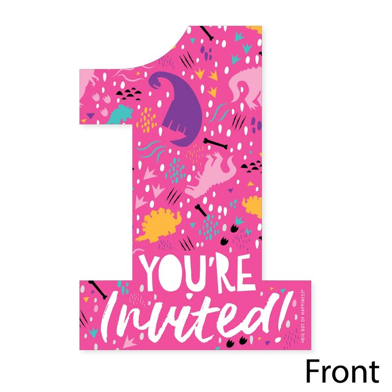 Big Dot of Happiness 1st Birthday Roar Dinosaur Girl - Shaped Fill-In ONEasaurus Dino First Birthday Party Invitation Cards with Envelopes - 12 Ct, 3 of 8