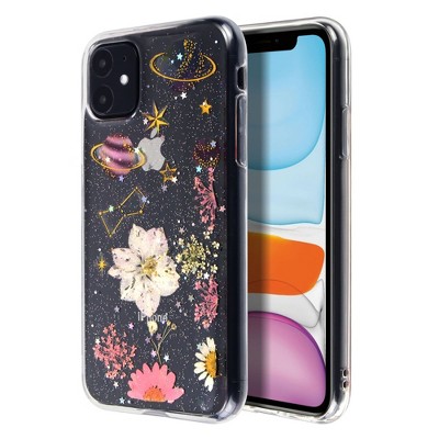 Insten Floral & Space Case For iPhone 11 (6.1 inch), Glitter Crystal Pressed Dried Real Flowers Soft TPU Cover, Planet & Daisy