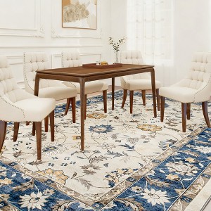 Machine Washable Area Rug Non-Slip Boho Floral Print Carpet for Living Room, Bedroom and Dining Room, Blue - 1 of 4