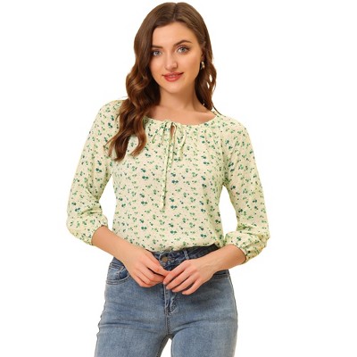 Allegra K Women's Bow Tie Round Neck 3/4 Raglan Sleeve Floral Blouse ...