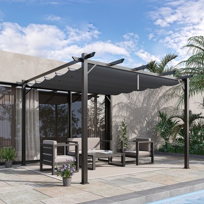Dark Gray Aluminum Pergola with Retractable Canopy, 10' x 10'