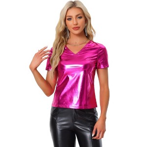 INSPIRE CHIC Women's V Neck Short Sleeve Party Clubwear Shiny Metallic Blouses - 1 of 4
