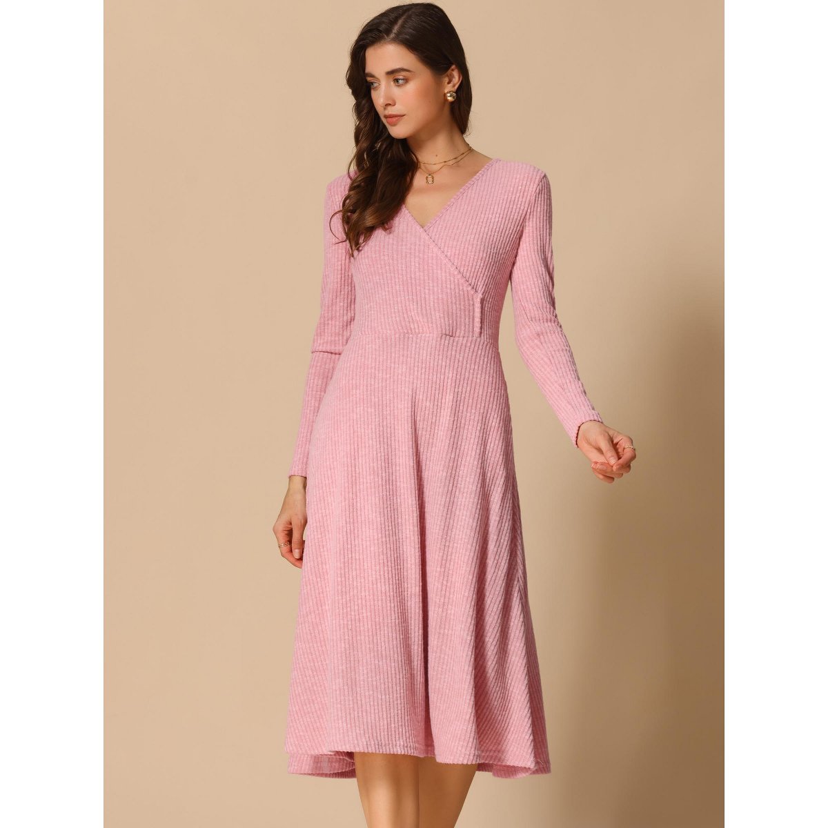 Женские платья INSPIRE CHIC Women's V-neck long Sleeve A-line wrap Ribbed Knit Dress Pink Large — фото 4