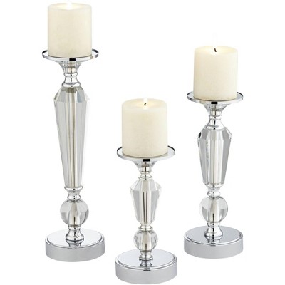 Dahlia Studios Alix Chrome And Crystal Pillar Candle Holders Set