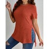 Women's Plus Size Tops Crew Neck Short Sleeve Split Hem Tee Shirt Casual Summer Ribbed Knit Blouses - 2 of 4