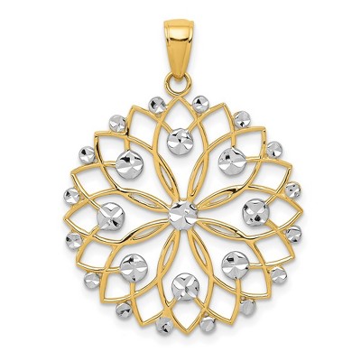 Black Bow Jewelry 14k Yellow Gold and White Rhodium Diamond Cut Flower Pendant, 26mm