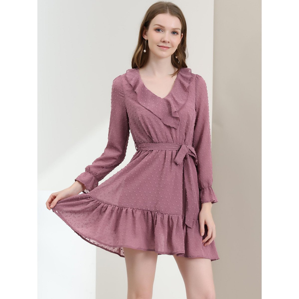 Женские платья INSPIRE CHIC Women's Ruffle V Neck Pom Pom Belted A-Line Chiffon Dress Small Dusty Pink — фото 2