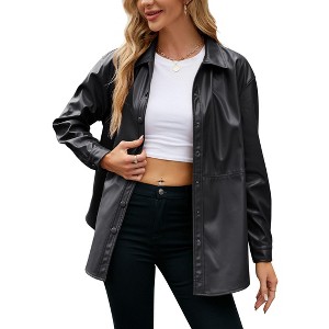 Clearlove Womens Faux Leather Vegan Shacket Blazer Long Sleeve Fall Lightweight Button Down Shirts Casual Leather Jackets - 1 of 4