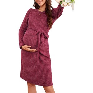 Maternity Long Sleeve Sweater Bodycon Boho Midi Dress Fall Casual Crew Neck Mini Dress Baby Shower Photoshoot Belt - 1 of 4