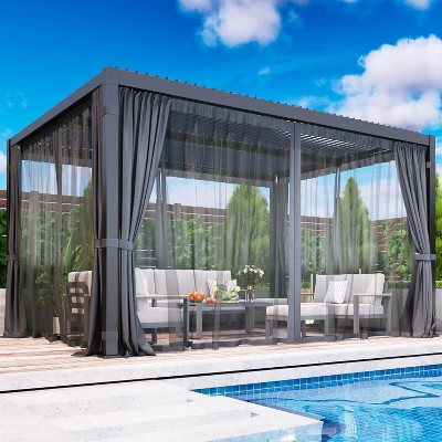 Heynemo Louvered Pergola, Outdoor Metal Canopy with 2 Independently Adjustable Louver Roof, Patio Pergola with Curtains & Netting